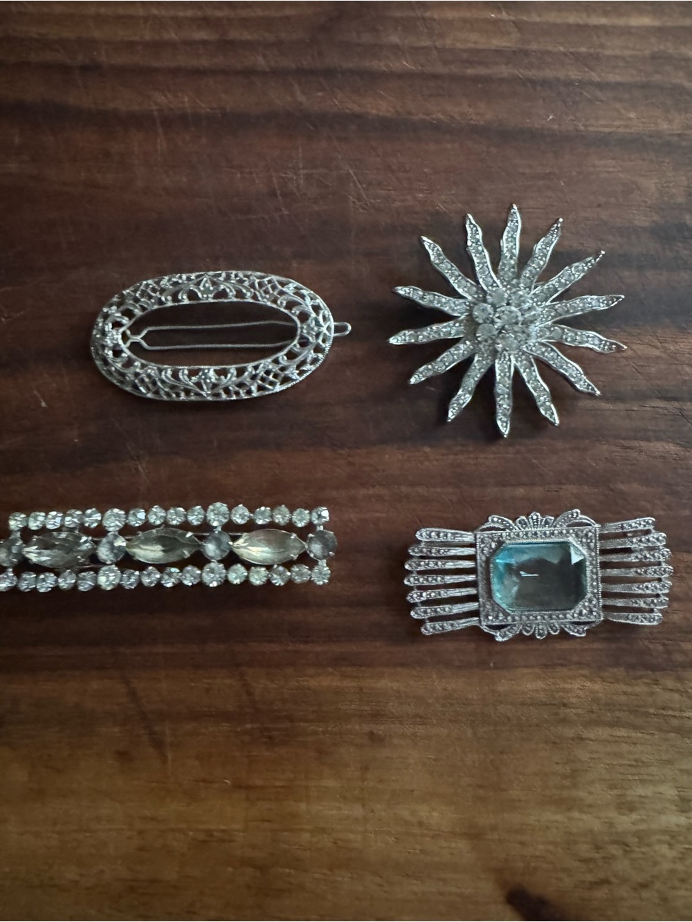 Vintage Collection of 2 Brooches & 2 Hair Barrettes in Silver Tone